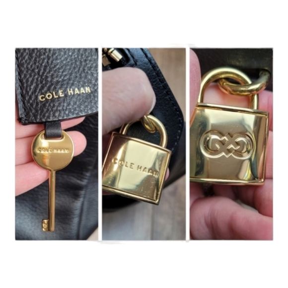 Cole Haan Dorset Satchel black leather golden metal lock key crossbody strap bag - Picture 10 of 16